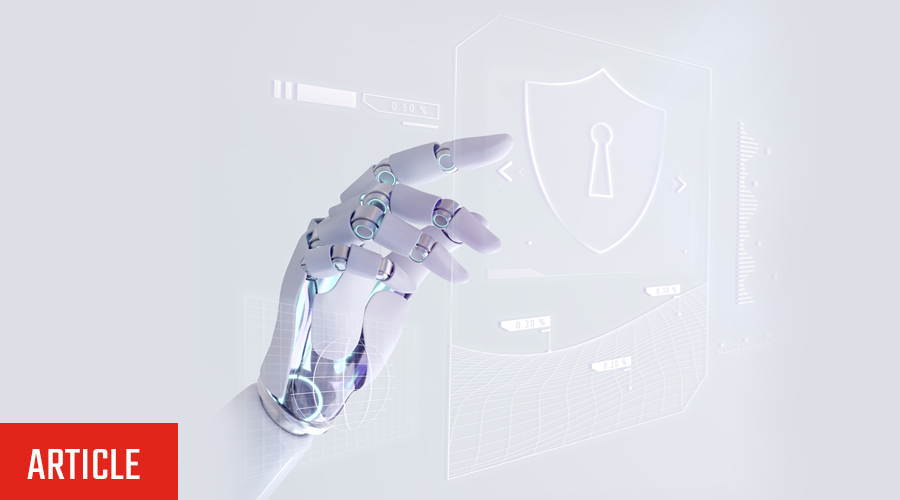 An image of a robot hand pointing at a white security icon. The Article logo is in the bottom right.