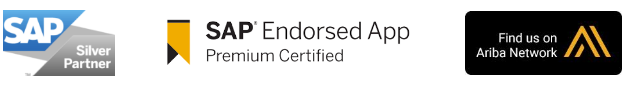 Logos representing SAP Silver Partner, Premium Certified SAP Endorsed App, and Ariba Network.