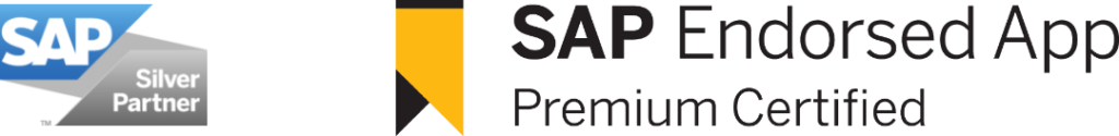 Logos representing a SAP Silver Partner and a Premium Certified SAP Endorsed App.